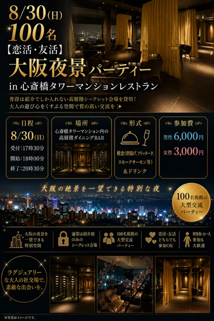 8/30(日)100名【恋活・友活】大阪の夜景が一望できるシークレットラグジュアリーパーティーinル サロン 2100心斎橋 の招待状(*・∀・)＜夜景を見ながらシャンパンで乾杯♪質の高い交流を実現♪