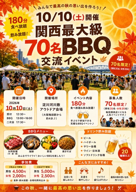 10/10(土)13:00～大阪70名 BBQイベント飲み会@淀川河川敷★TVで4回放送されたおものみ関西主催バーベキューイベント☆関西１大規模・ハイクオリティ野外交流会(^^♪最安値2000円キャンペーン中★
